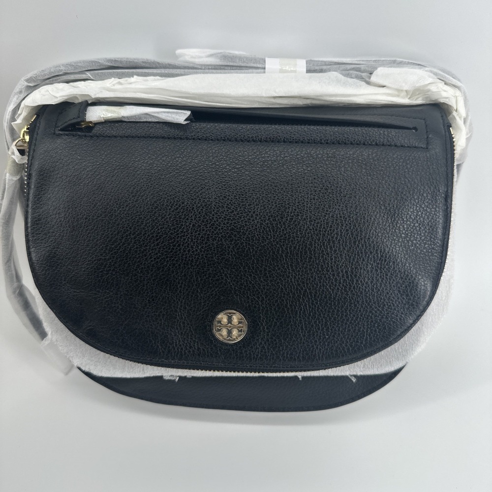 Brand New Tory Burch Everly Black Pebbled Leather Flap Saddle Crossbody Bag New‎